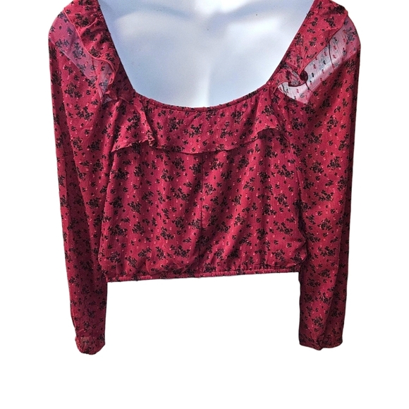 TRIXXI new burgundy & black sheer long sleeve ruffle floral chiffon blouse - Picture 12 of 16